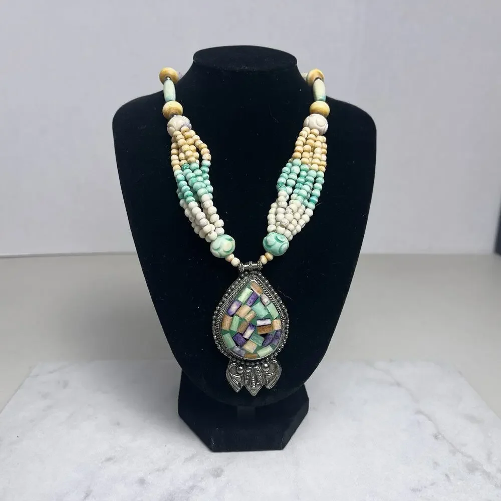 Mosaic Teardrop Pendant Western Tribal Multi Strand Beaded Necklace Silver Tone